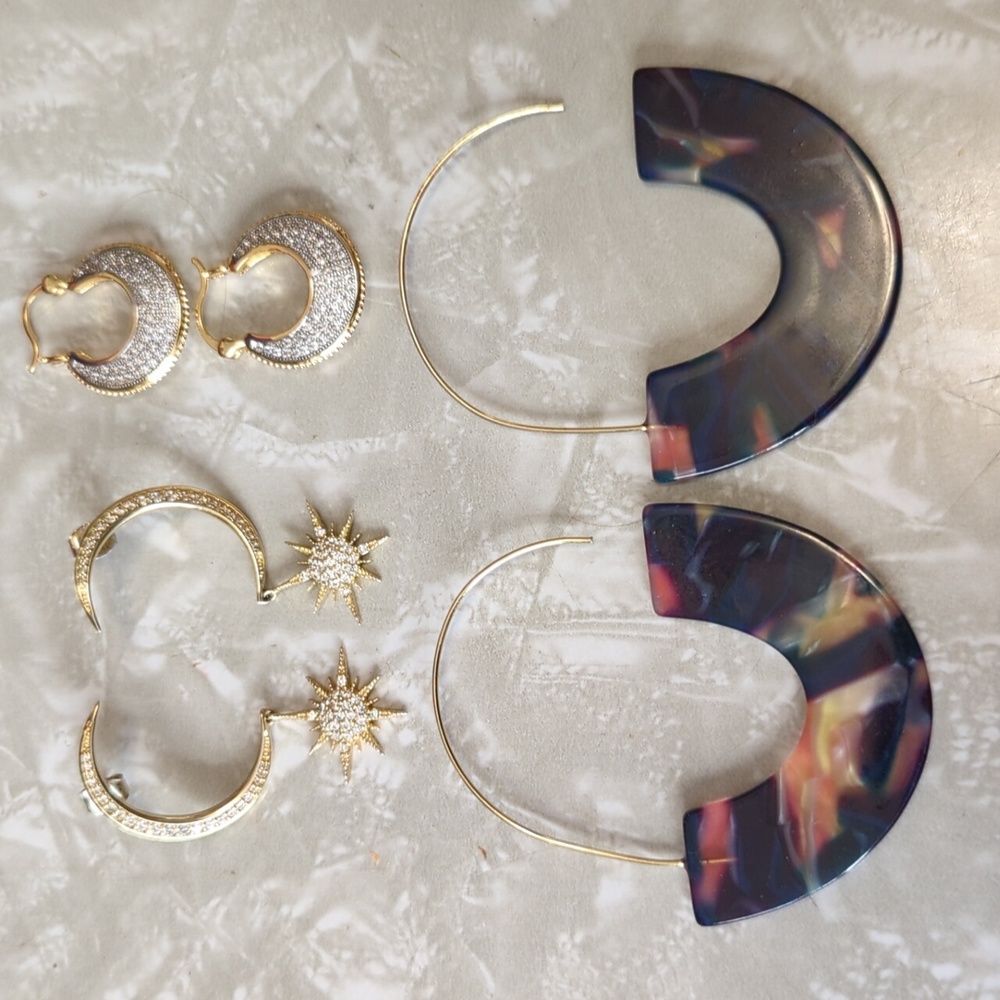 Set of 3 Pairs- Gold-tone & CZ Earrings